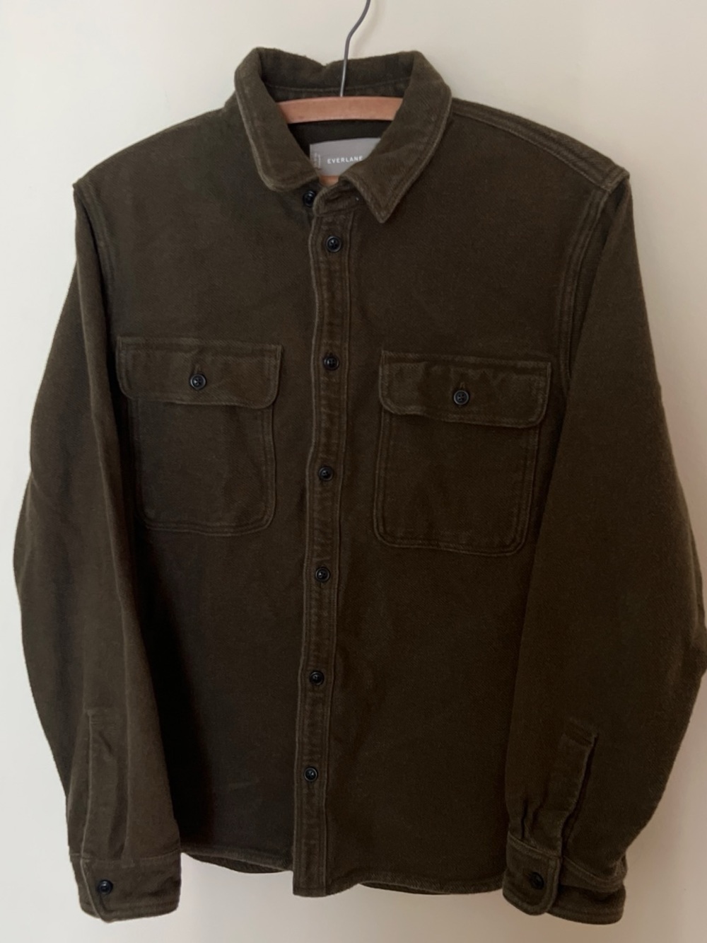 Everlane Men's Flannel Dark Olive Button-Front Shirt Jacket
